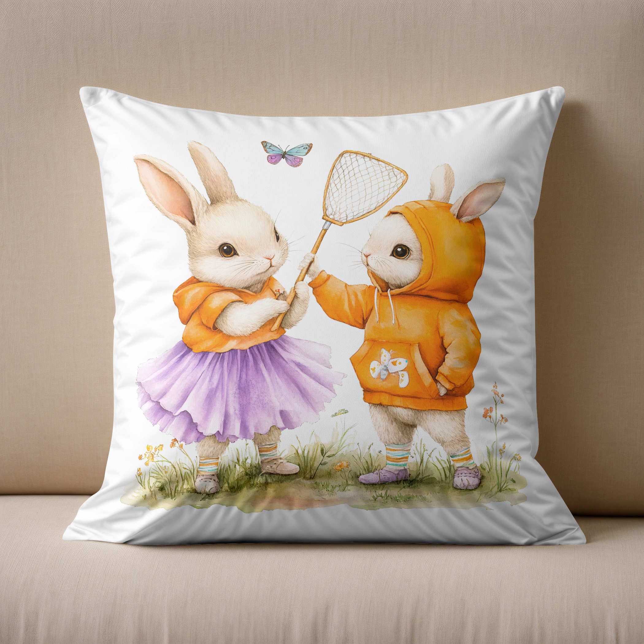 Kissen: Watercolor Illustration of Two Bunnies Catching Butterflies