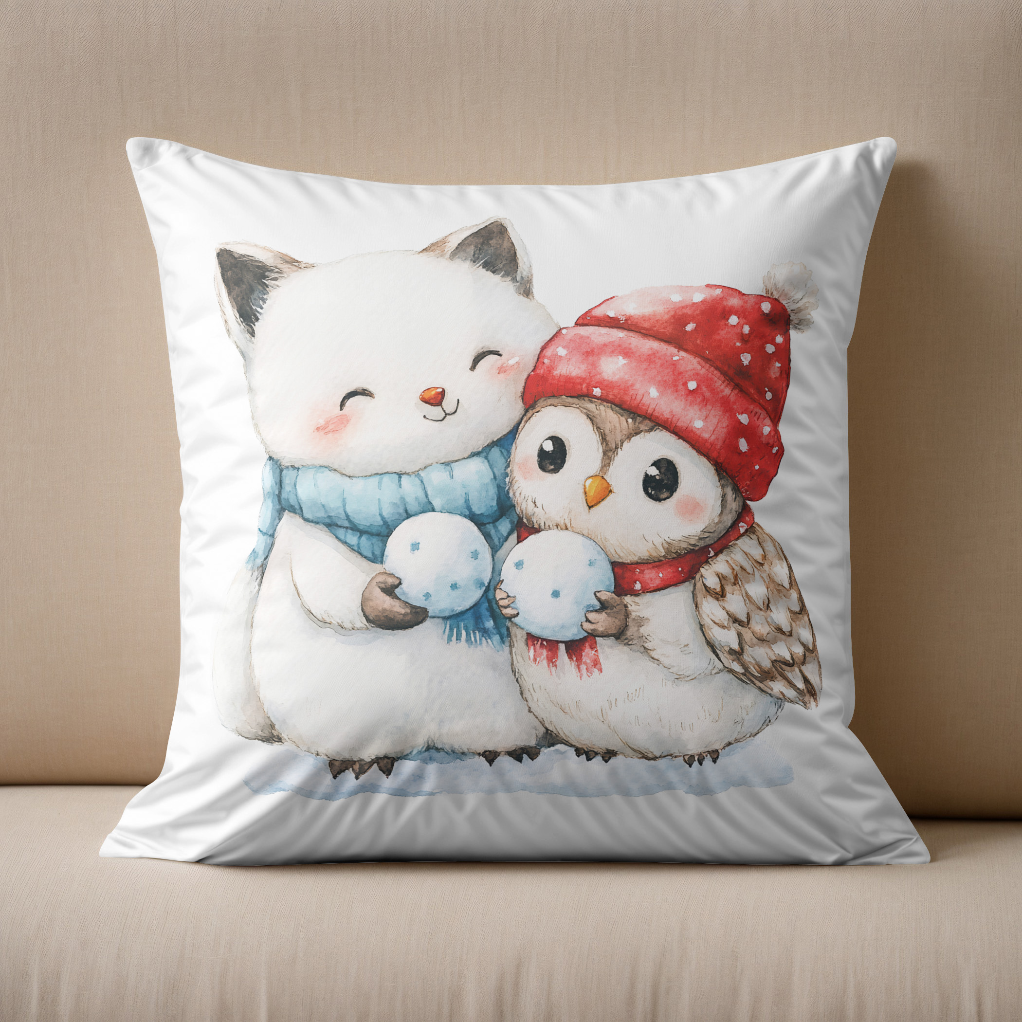 Kissen: Watercolor Illustration of Arctic Fox and Owl with Snowballs