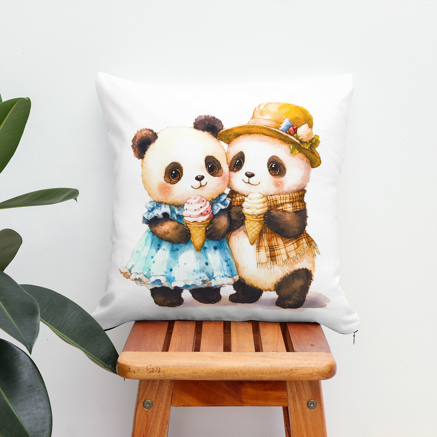 Kissen: Watercolor Illustration of Two Pandas Eating Ice Cream