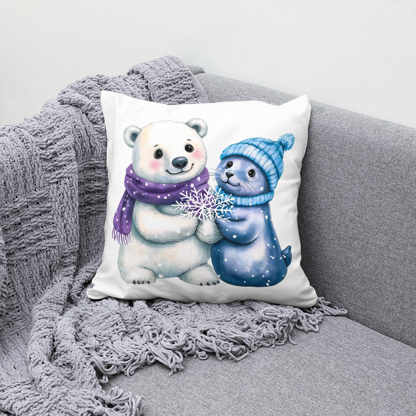 Kissen: Watercolor Illustration of a Polar Bear and Seal