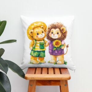 Kissen: Watercolor Illustration of Teddy Bear and Lion with Sunflower