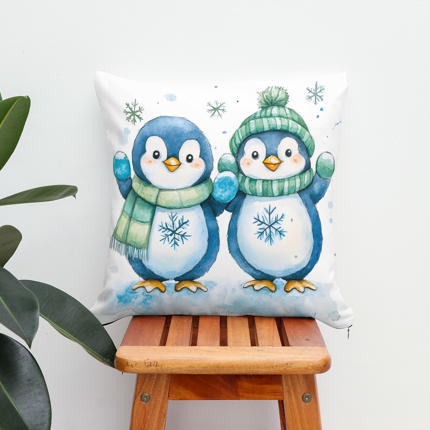Kissen: Watercolor Illustration of Two Penguins