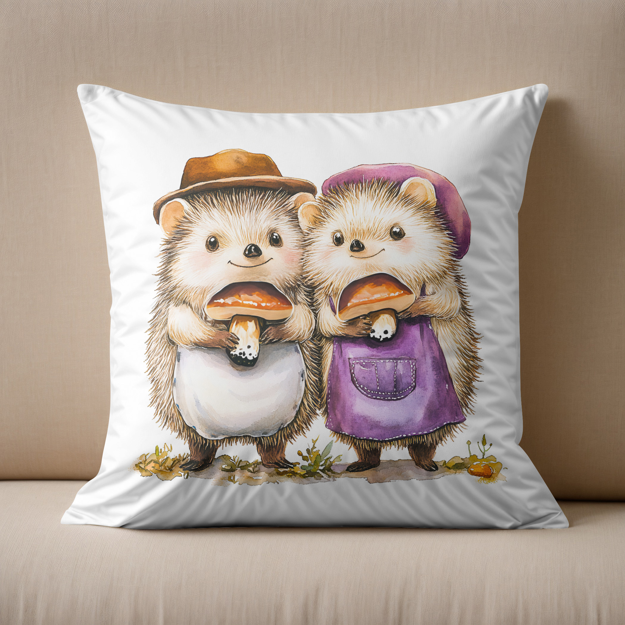 Kissen: Watercolor Illustration of Two Hedgehogs with Porcini Mushroom
