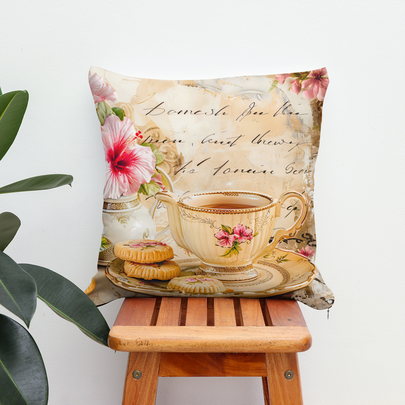 Kissen: Hibiscus Blossoms with Fantasy Script and Tea Cup – Image 2