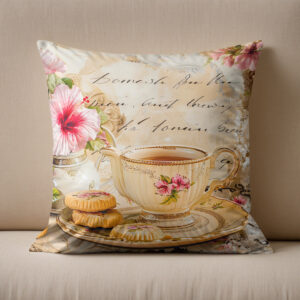 Kissen: Hibiscus Blossoms with Fantasy Script and Tea Cup