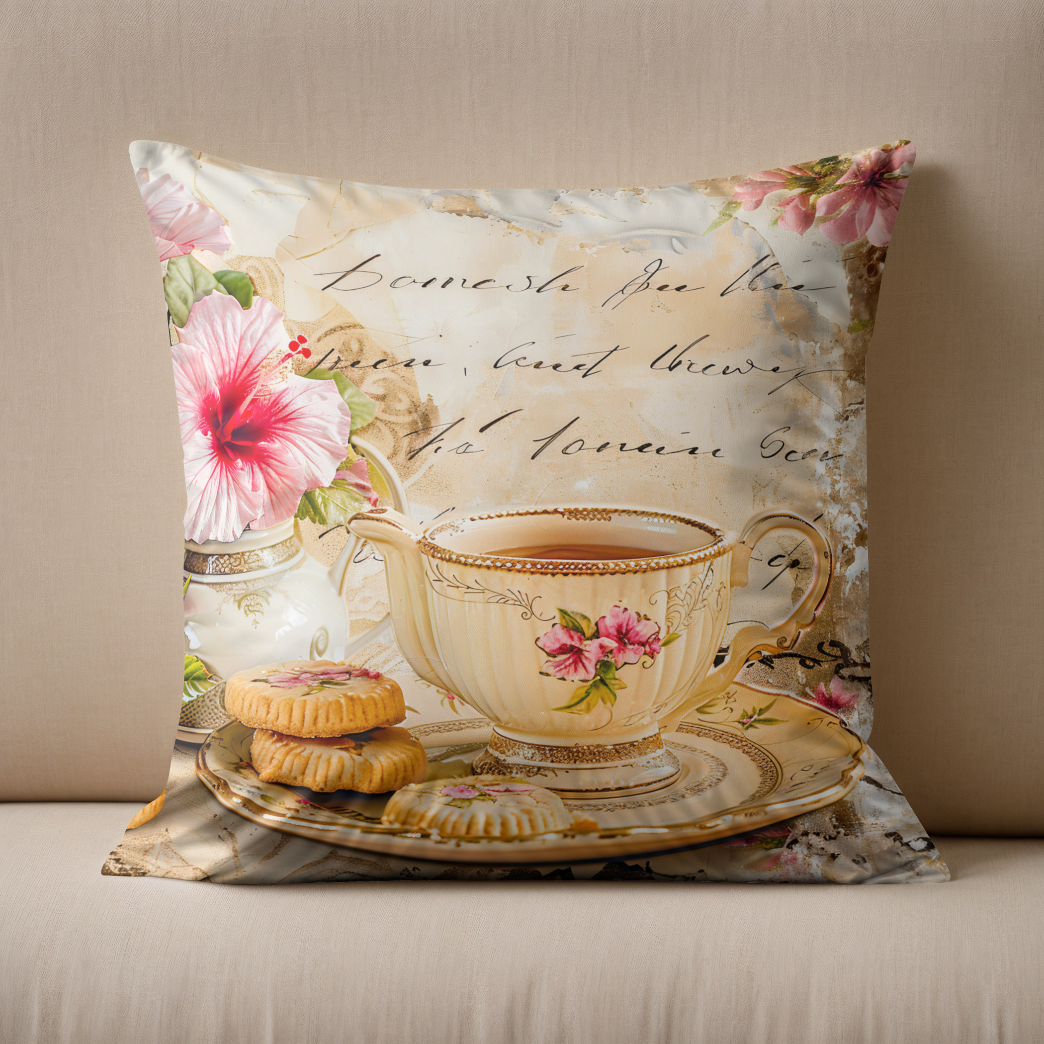 Kissen: Hibiscus Blossoms with Fantasy Script and Tea Cup