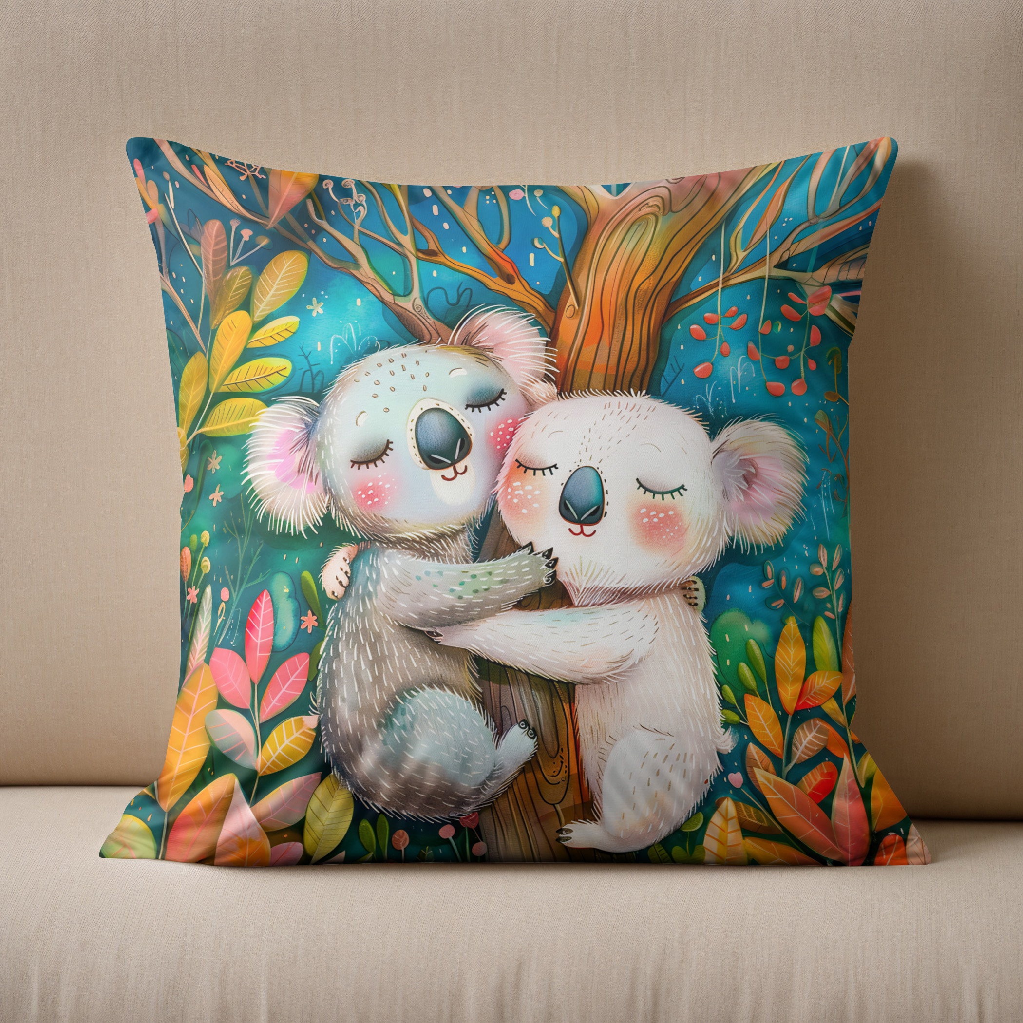 Kissen: Illustration of koalas hugging in eucalyptus forest
