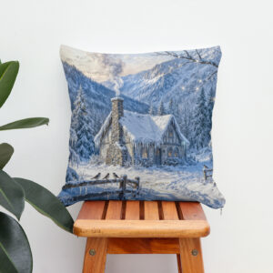 Kissen: Snowy Mountain Cottage with Smoke and Pines Painting