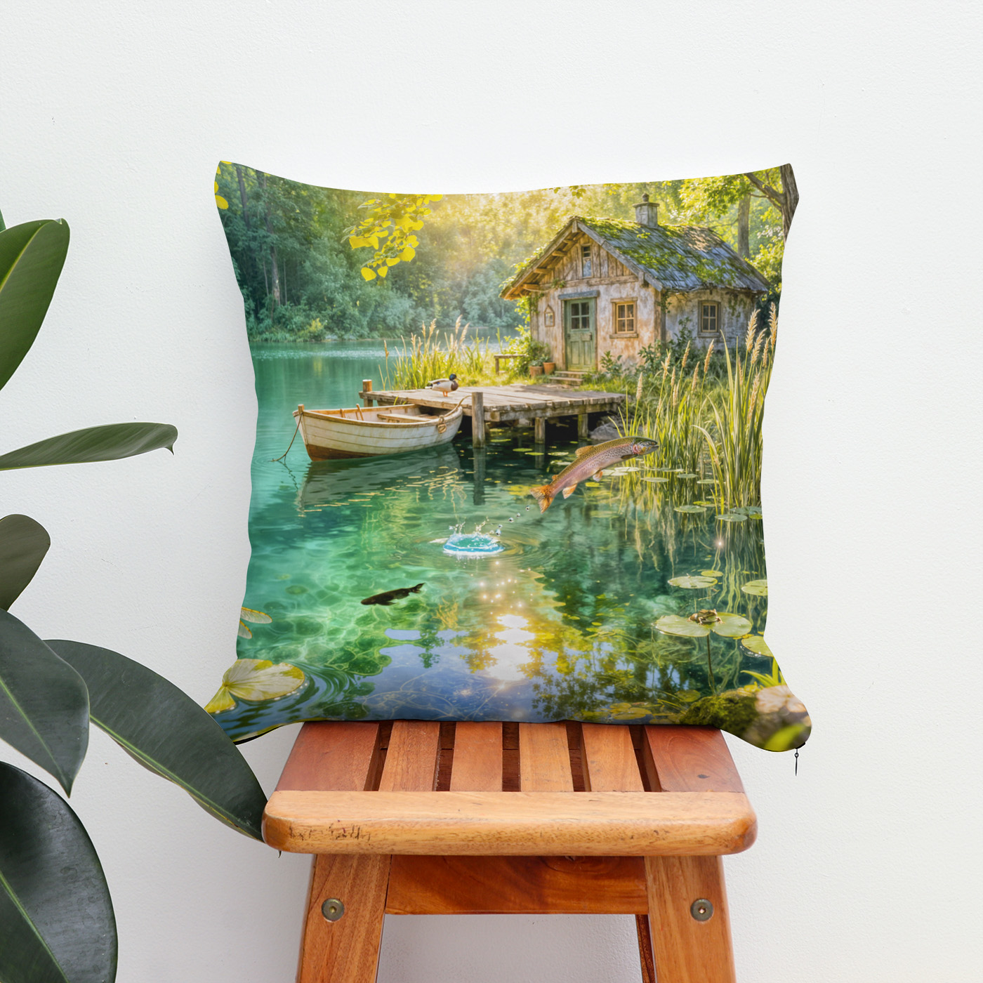 Kissen: Forest Stream Cottage with Ducks, piere and Dock Artwork