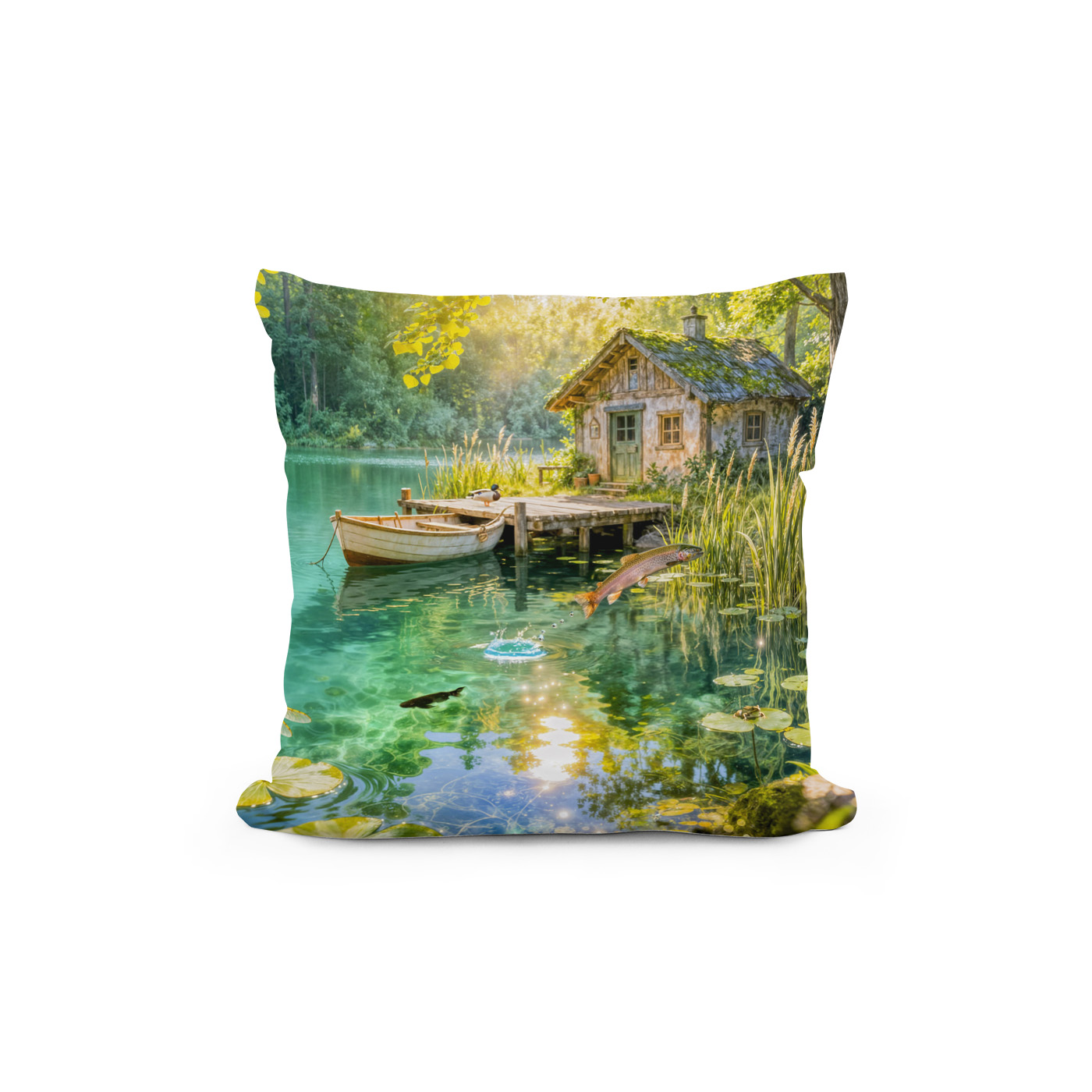 Kissen: Forest Stream Cottage with Ducks, piere and Dock Artwork - Imagen 2