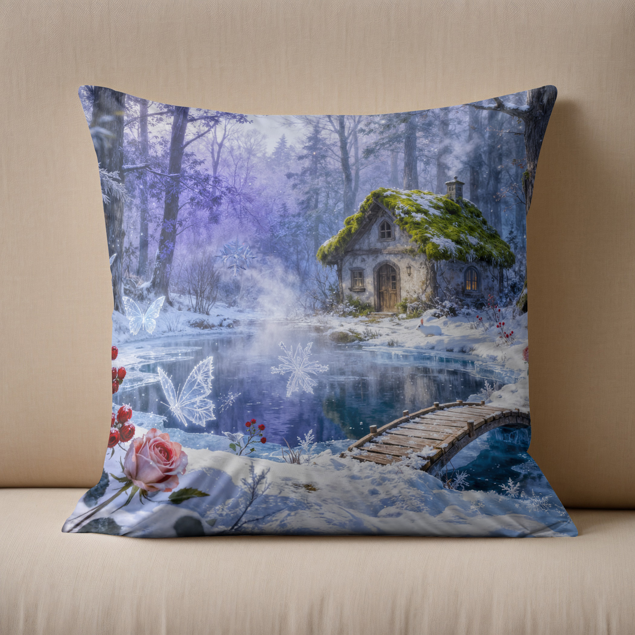 Kissen: Snowy Enchanted Forest Cottage with Bridge and Glowing Butterflies – Fantasy Artwork