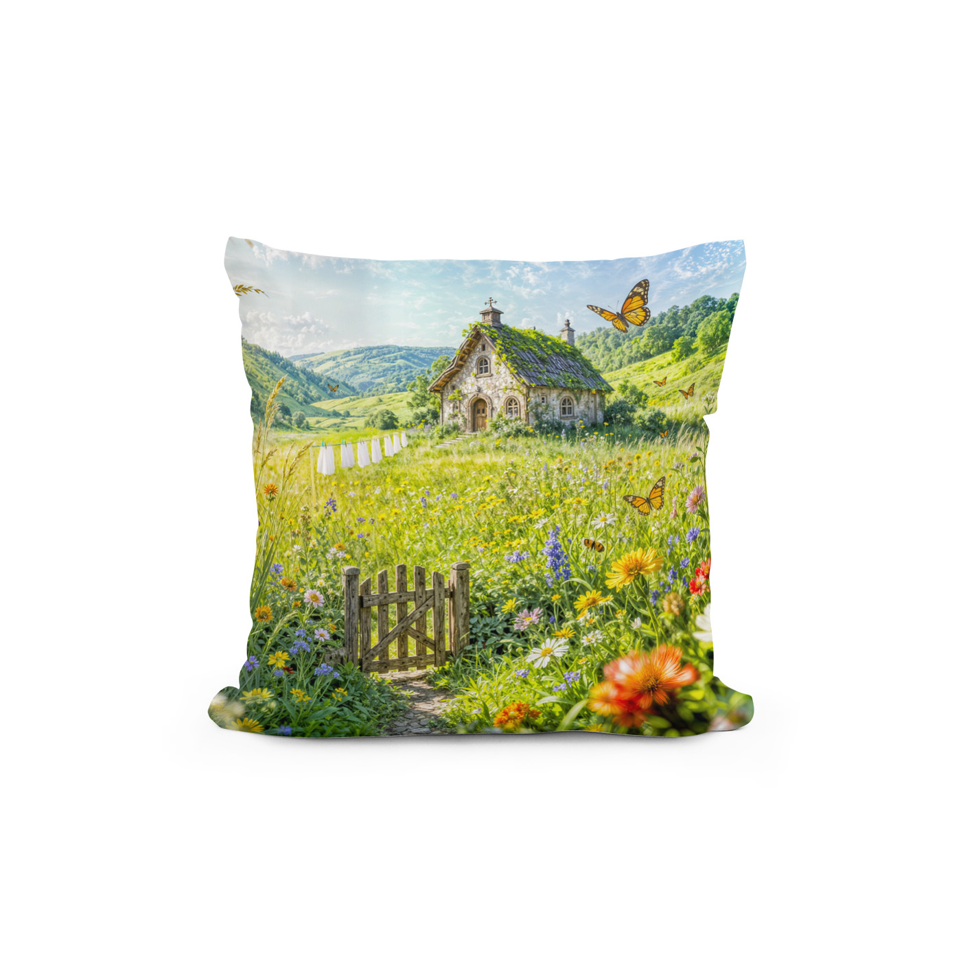 Kissen: Mountain Meadow Cottage with Flowers, Gate and Butterflies Artwork – Bild 2