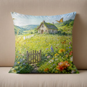 Kissen: Mountain Meadow Cottage with Flowers, Gate and Butterflies Artwork
