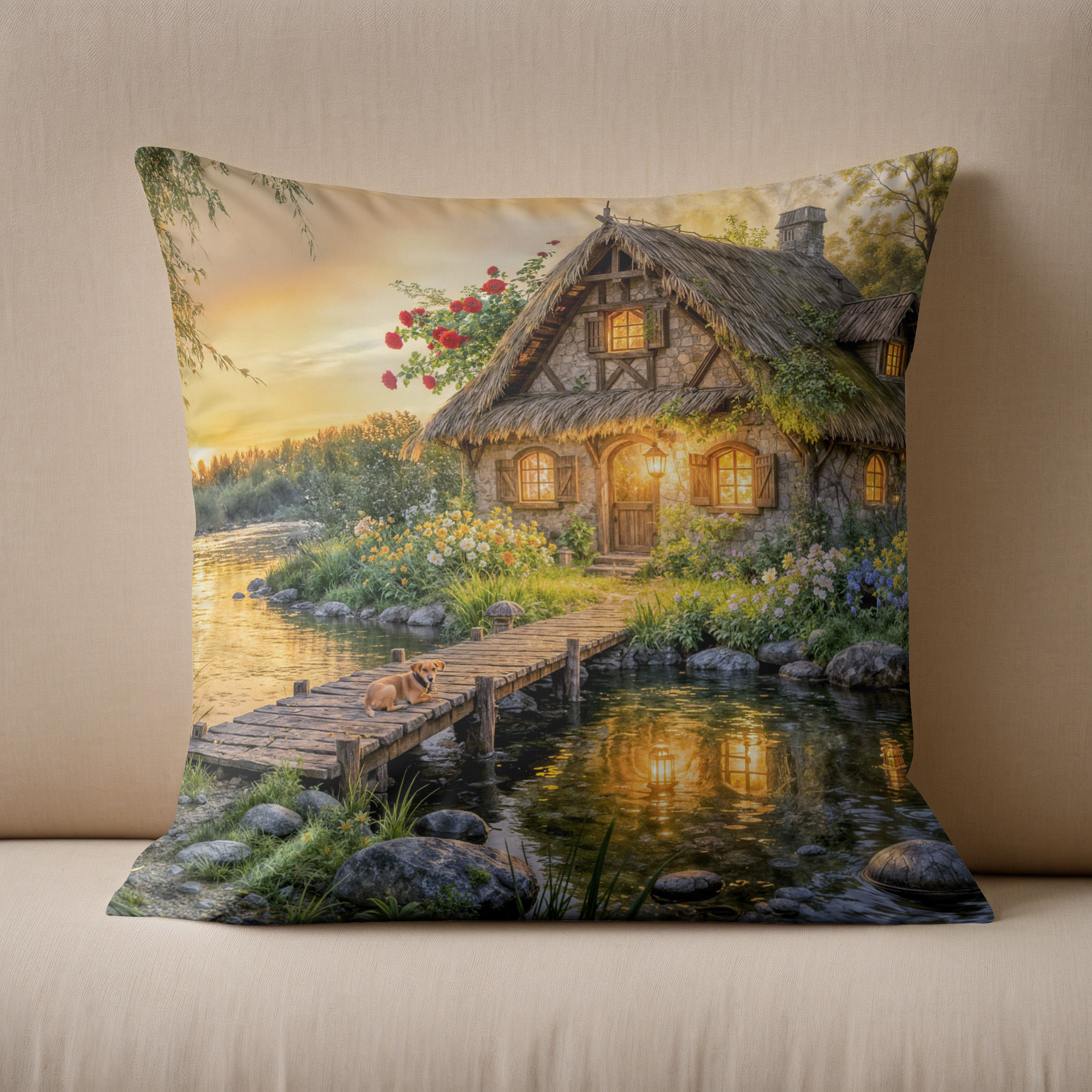 Kissen: Sunset River Cottage with Dog on Bridge and Flower Bed Artwork