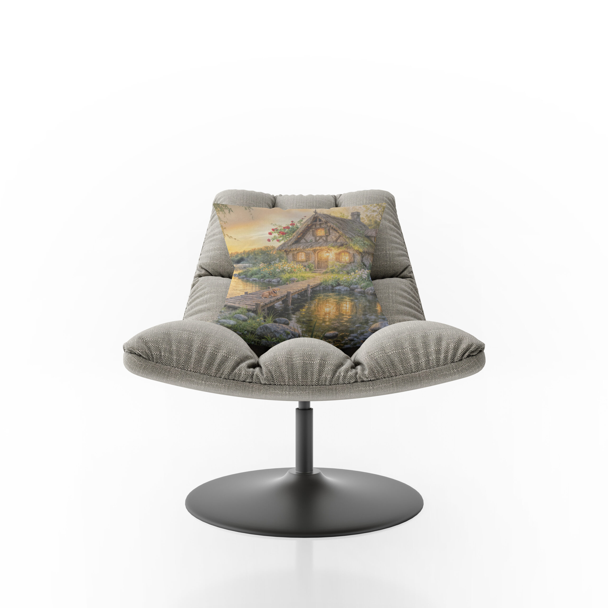 Kissen: Sunset River Cottage with Dog on Bridge and Flower Bed Artwork – Image 2