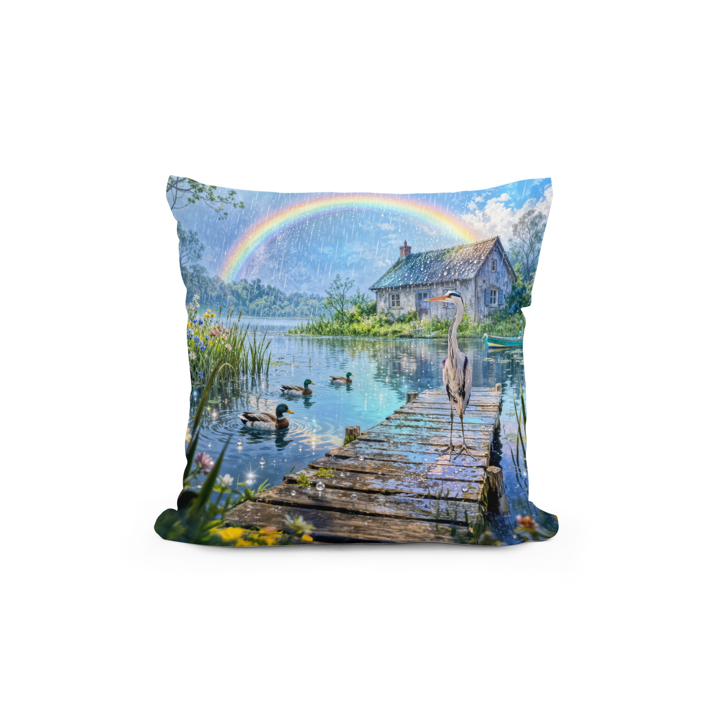 Kissen: Rainbow Cottage with Ducks, Heron and Forest Stream - immagine 2