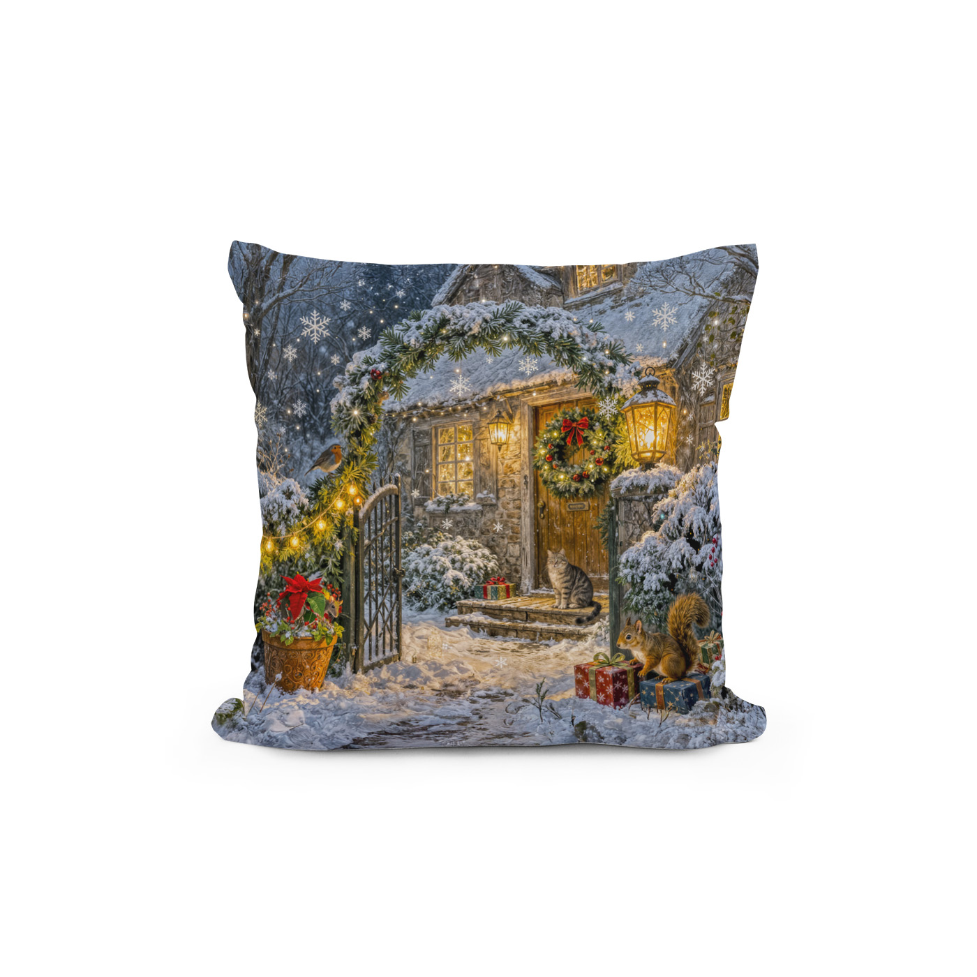 Kissen: Winter Cottage with Squirrel, Cat and Robin Artwork – Image 2