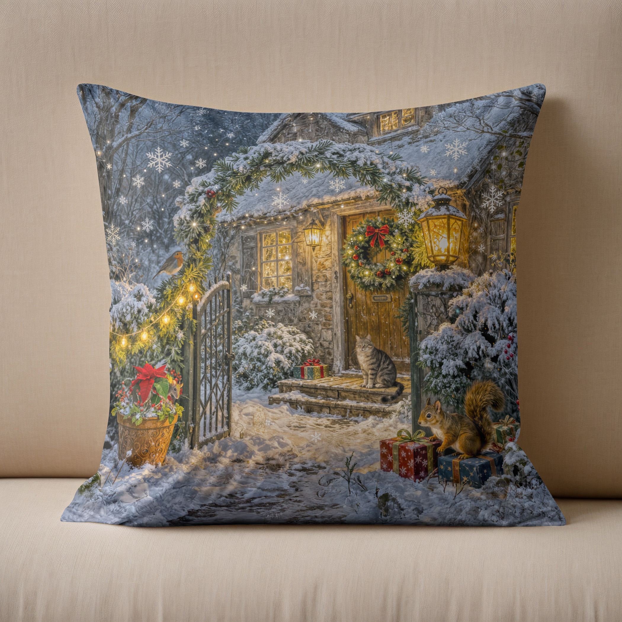 Kissen: Winter Cottage with Squirrel, Cat and Robin Artwork