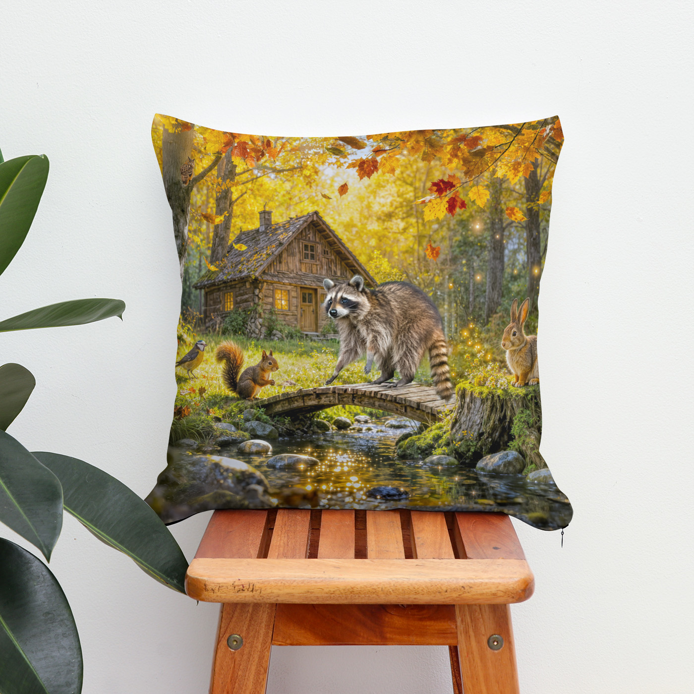 Kissen: Autumn Forest Cottage with forest animals and Mushrooms Artwork