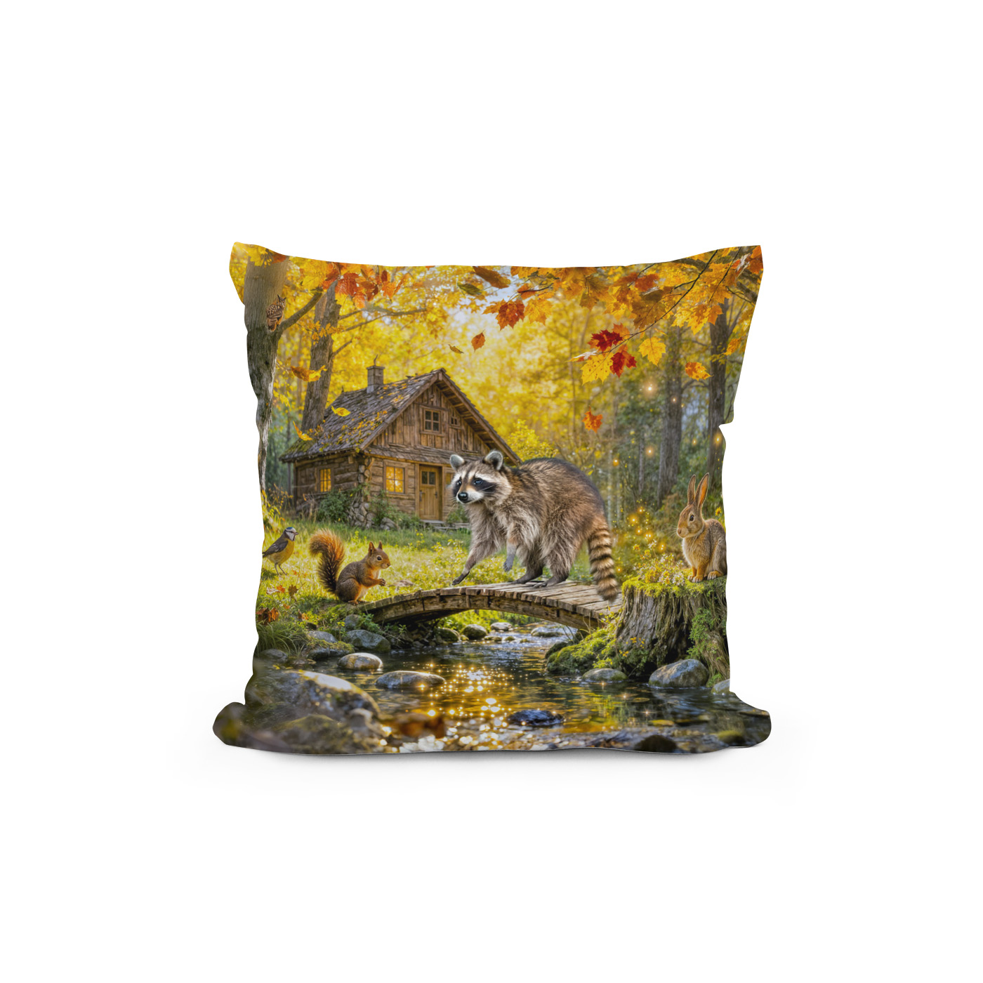 Kissen: Autumn Forest Cottage with forest animals and Mushrooms Artwork – Image 2