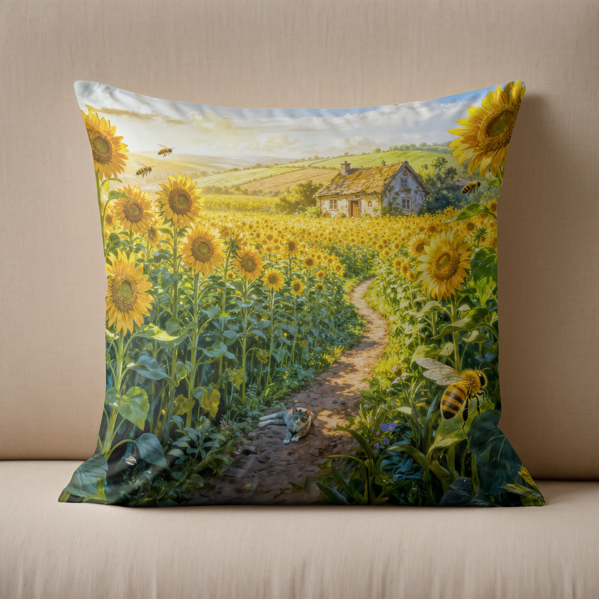 Kissen: Sunflower Path Cottage with Cat and Blossoming Meadow Artwork