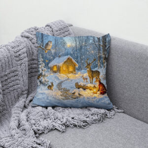 Kissen: Winter Forest Cottage with Deer, Fox and Owl – Fantasy Artwork