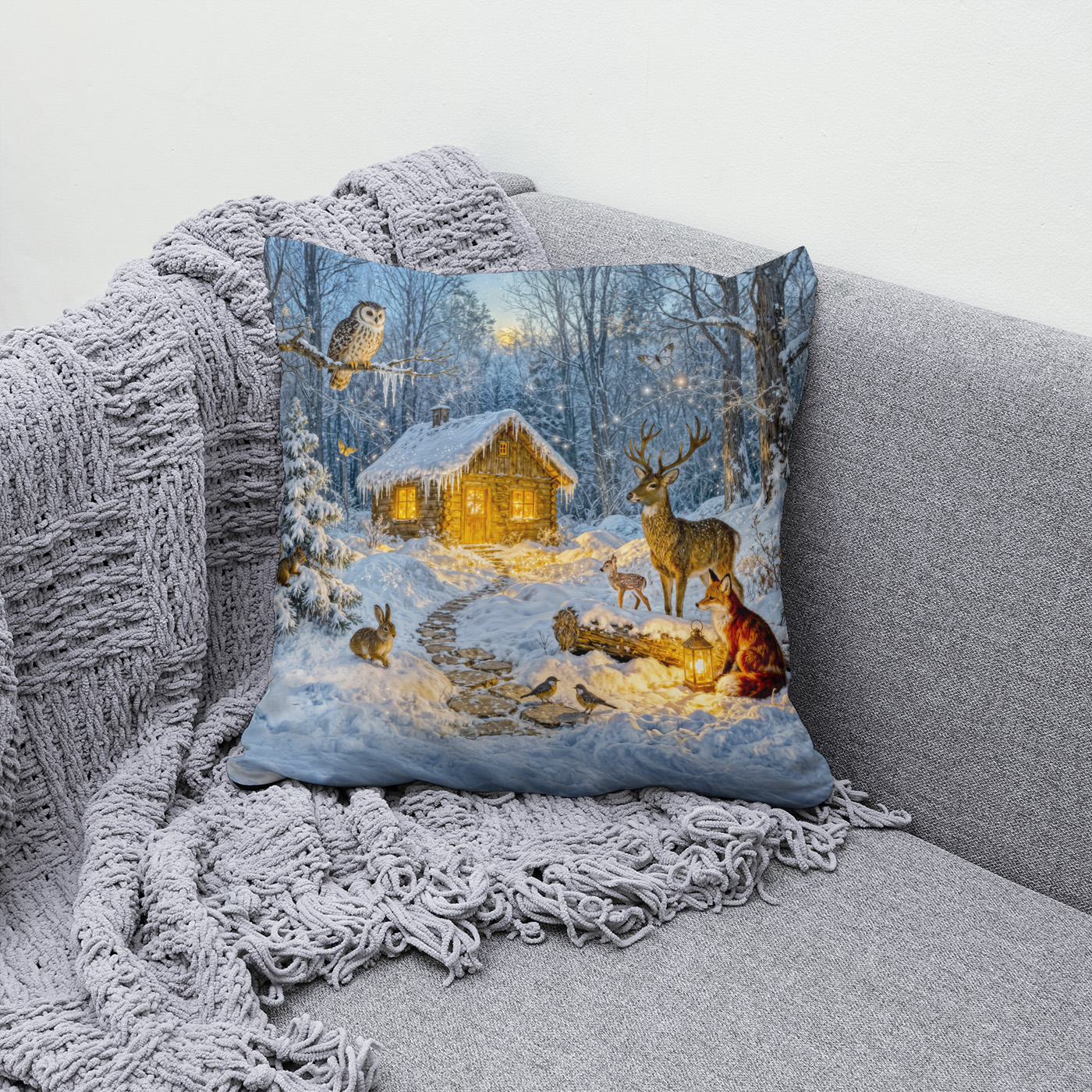 Kissen: Winter Forest Cottage with Deer, Fox and Owl – Fantasy Artwork