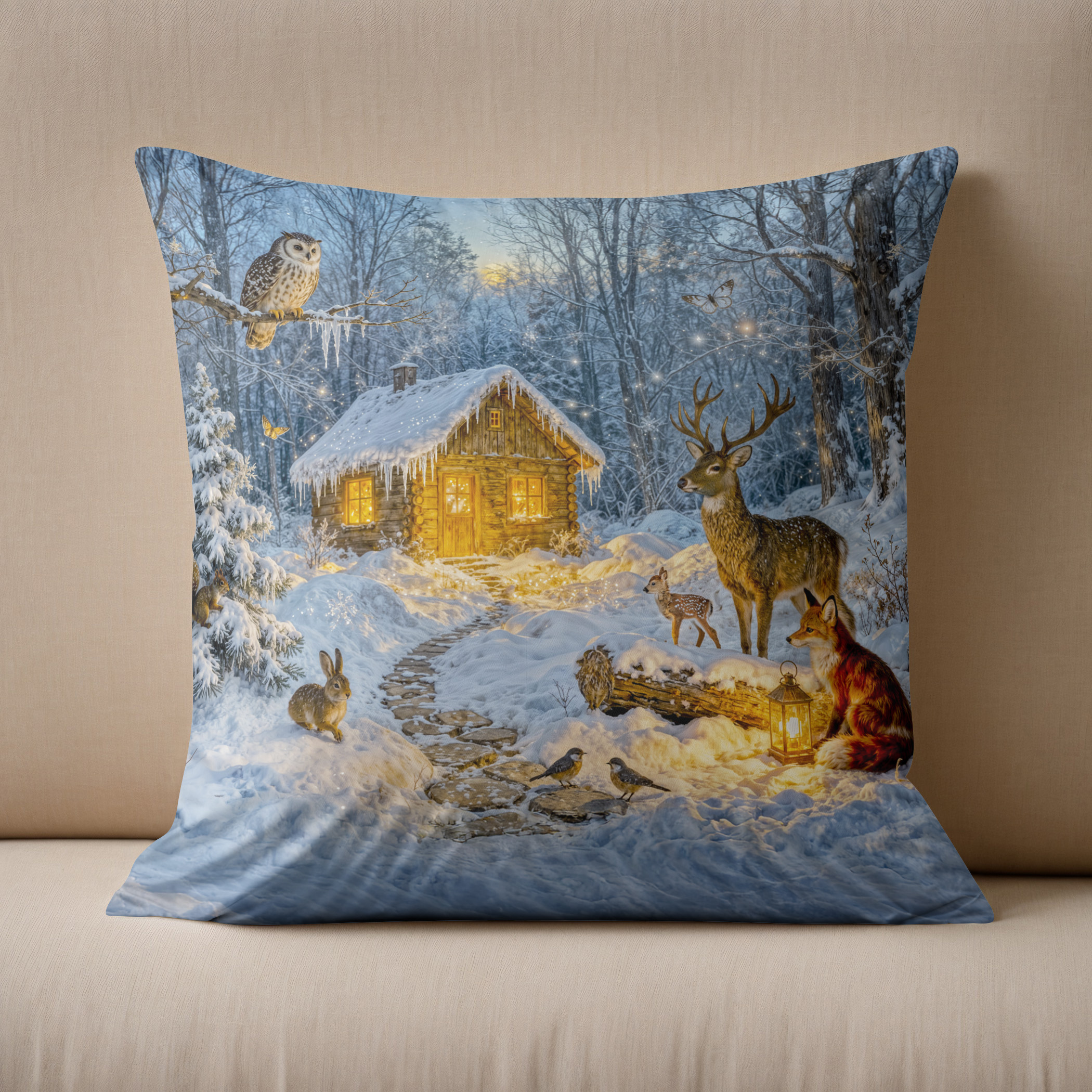 Kissen: Winter Forest Cottage with Deer, Fox and Owl – Fantasy Artwork - Imagen 2