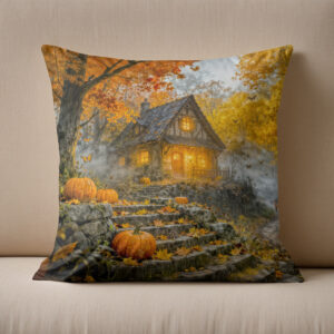 Kissen: Autumn Forest Cottage with forest animals and Mushrooms Artwork
