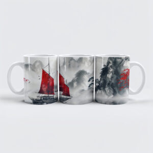 raxxa Premium-Tasse: Chinese Watercolor Junk on Serene Lake