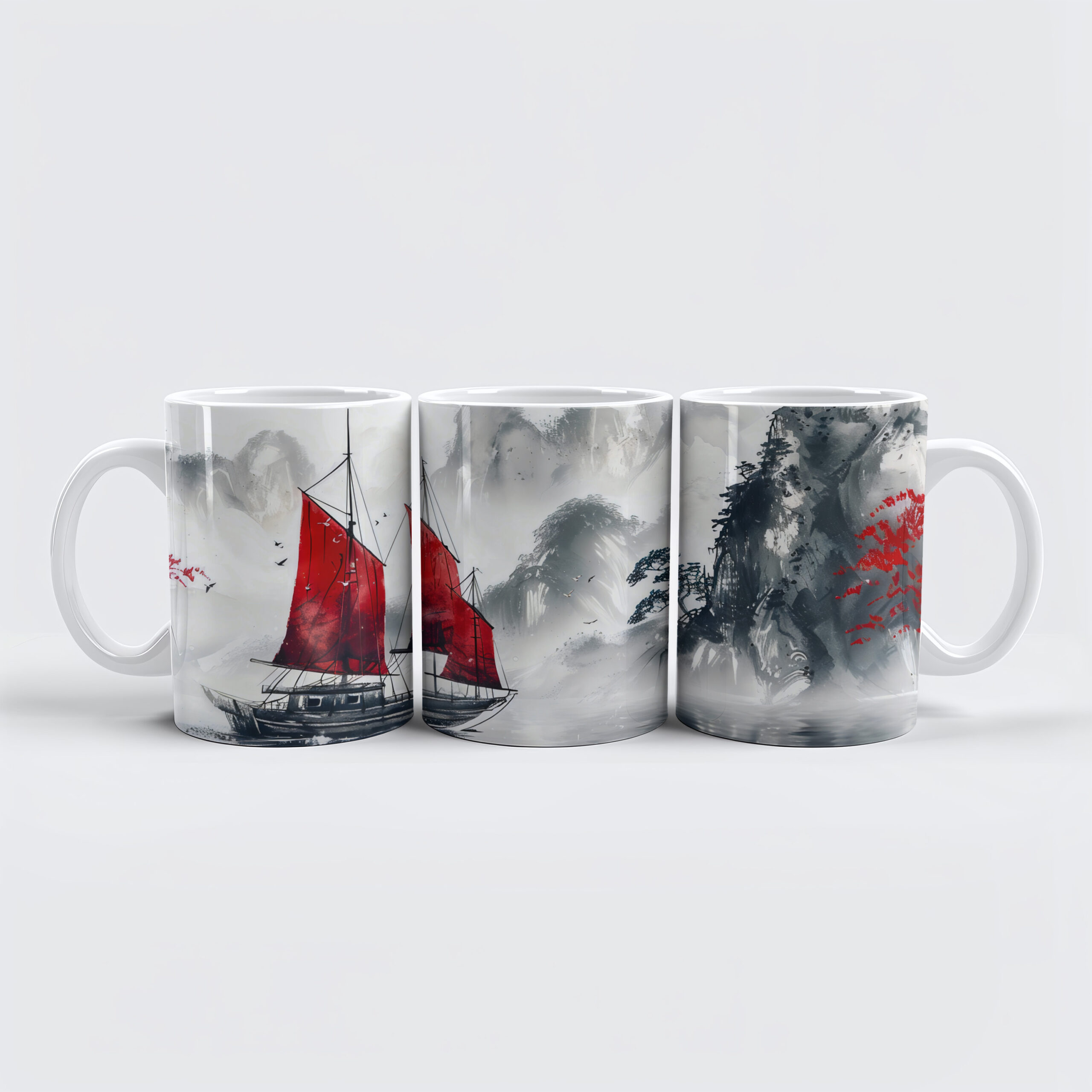 raxxa Premium-Tasse: Chinese Watercolor Junk on Serene Lake