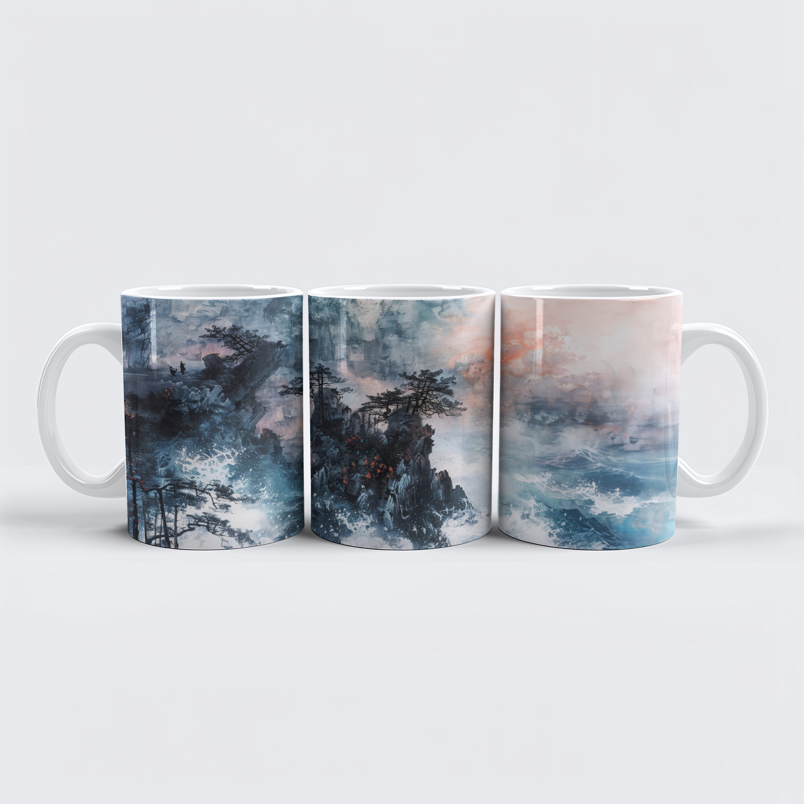 raxxa Premium-Tasse: Chinese Watercolor Waves on Rocky Coast