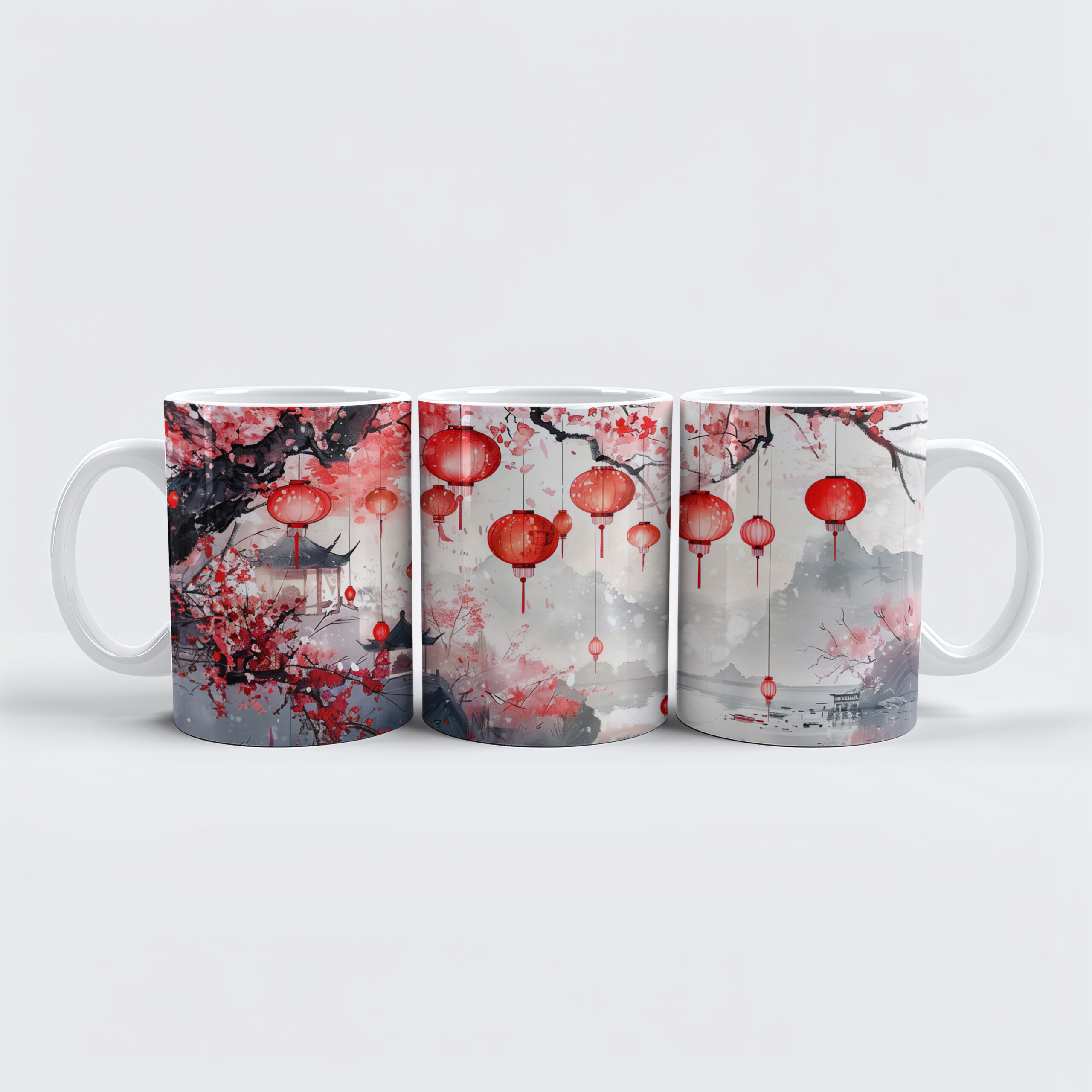 raxxa Premium-Tasse: Chinese Watercolor Lanterns and Blossoming Trees