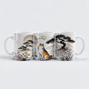 raxxa Premium-Tasse: Loyal Dog in Garden Under Bonsai ink art