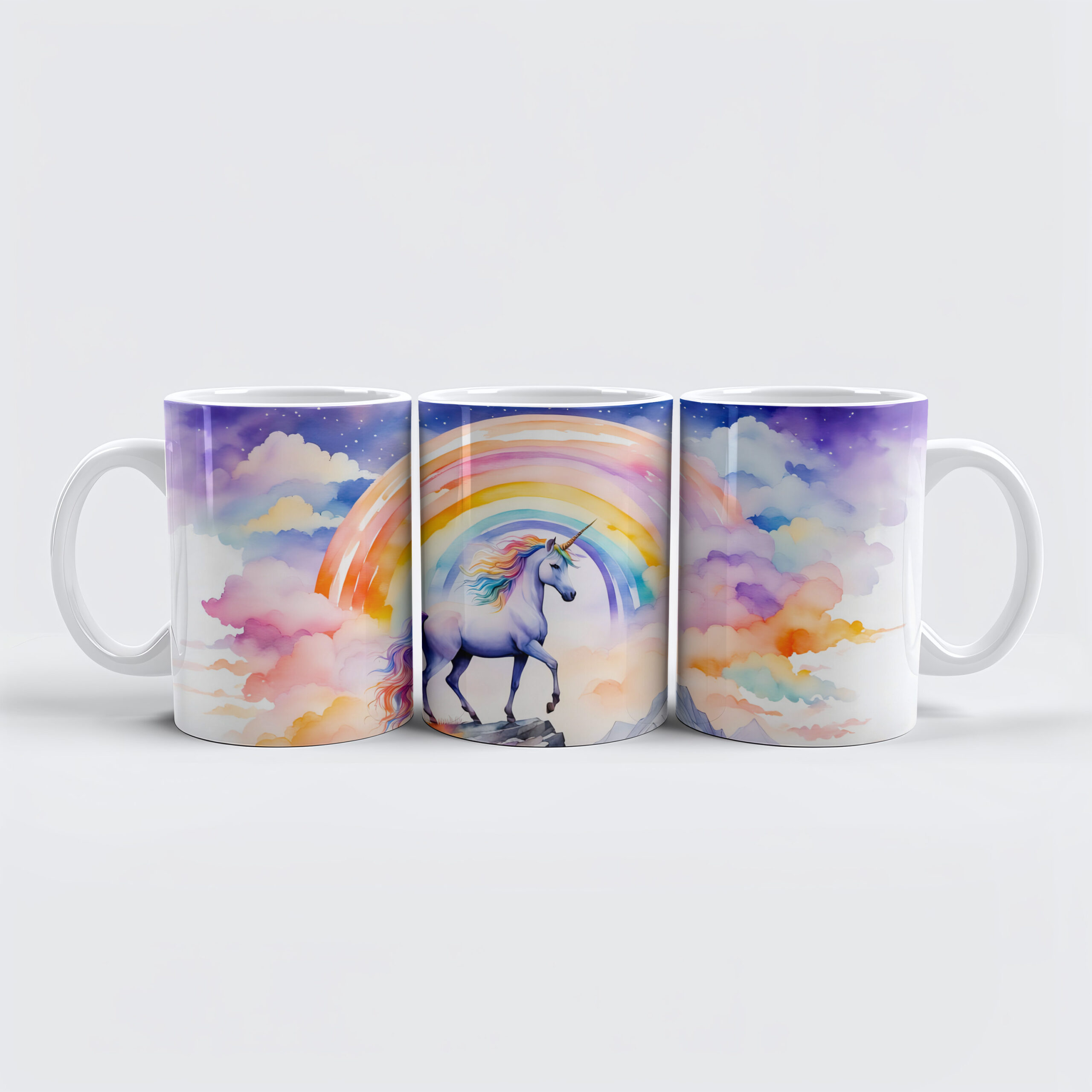 raxxa Premium-Tasse: Boho Watercolor Magical Unicorn Beneath Glowing Rainbow And Clouds