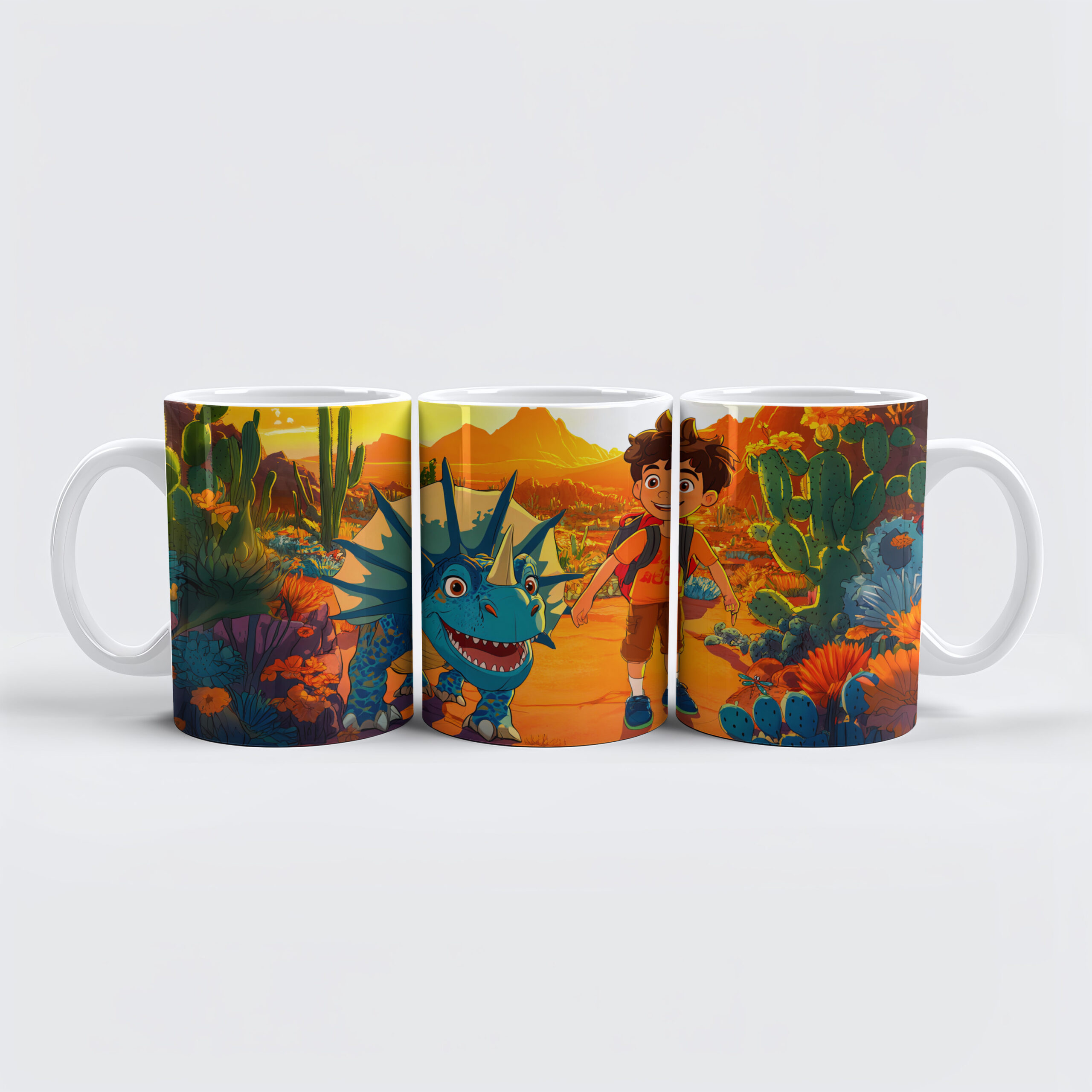 raxxa Premium-Tasse: Anime boy walking Triceratops at sunset