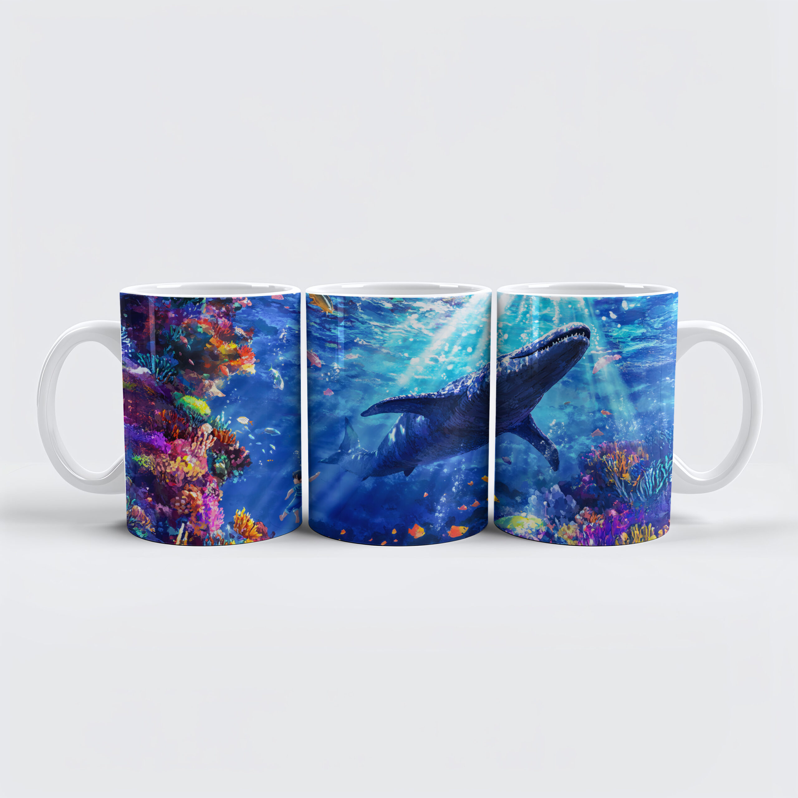 raxxa Premium-Tasse: Anime boy swimming with Liopleurodon reef