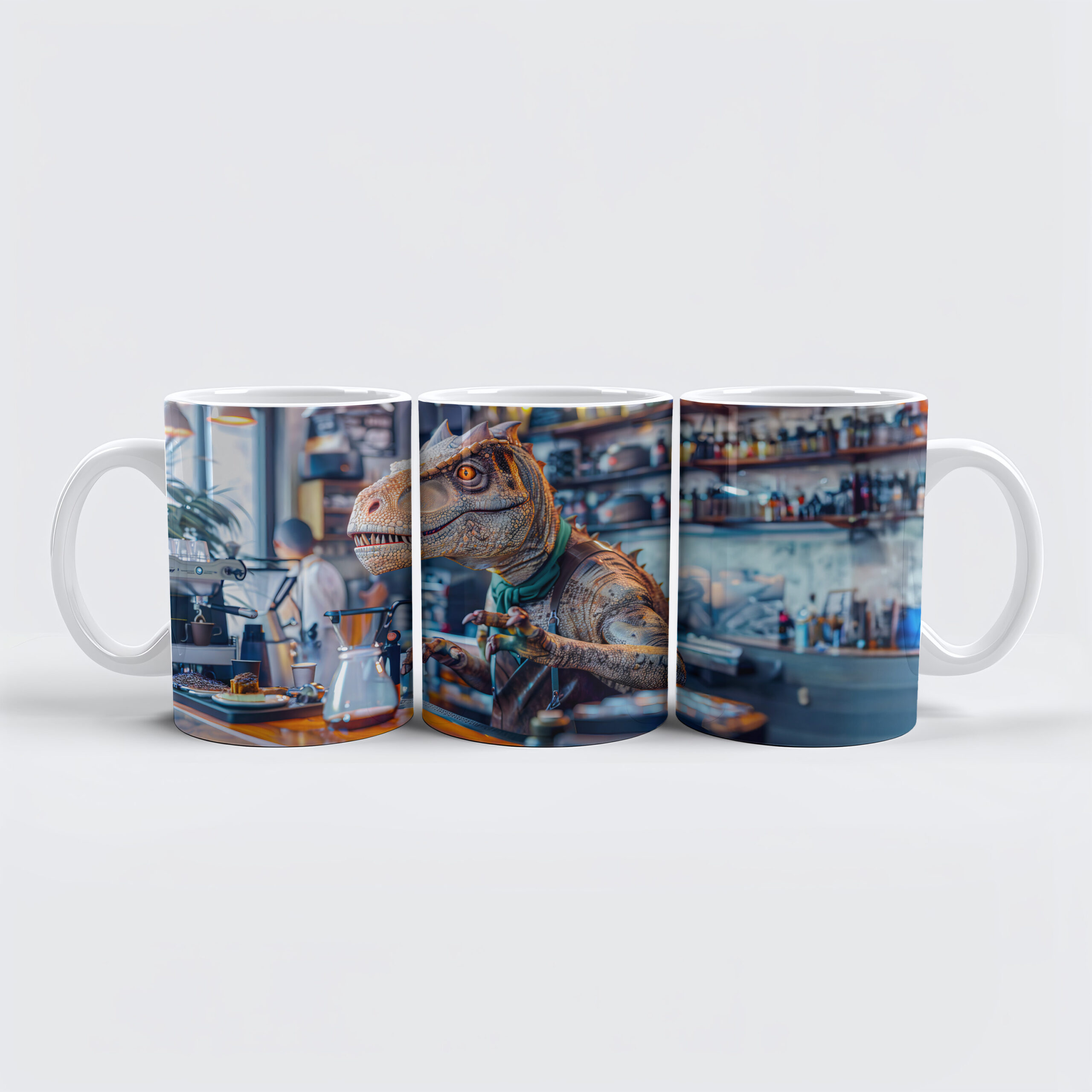 raxxa Premium-Tasse: Dinosaur Barista in a Modern Café