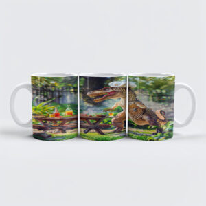 raxxa Premium-Tasse: Dinosaur Chef at a Garden BBQ