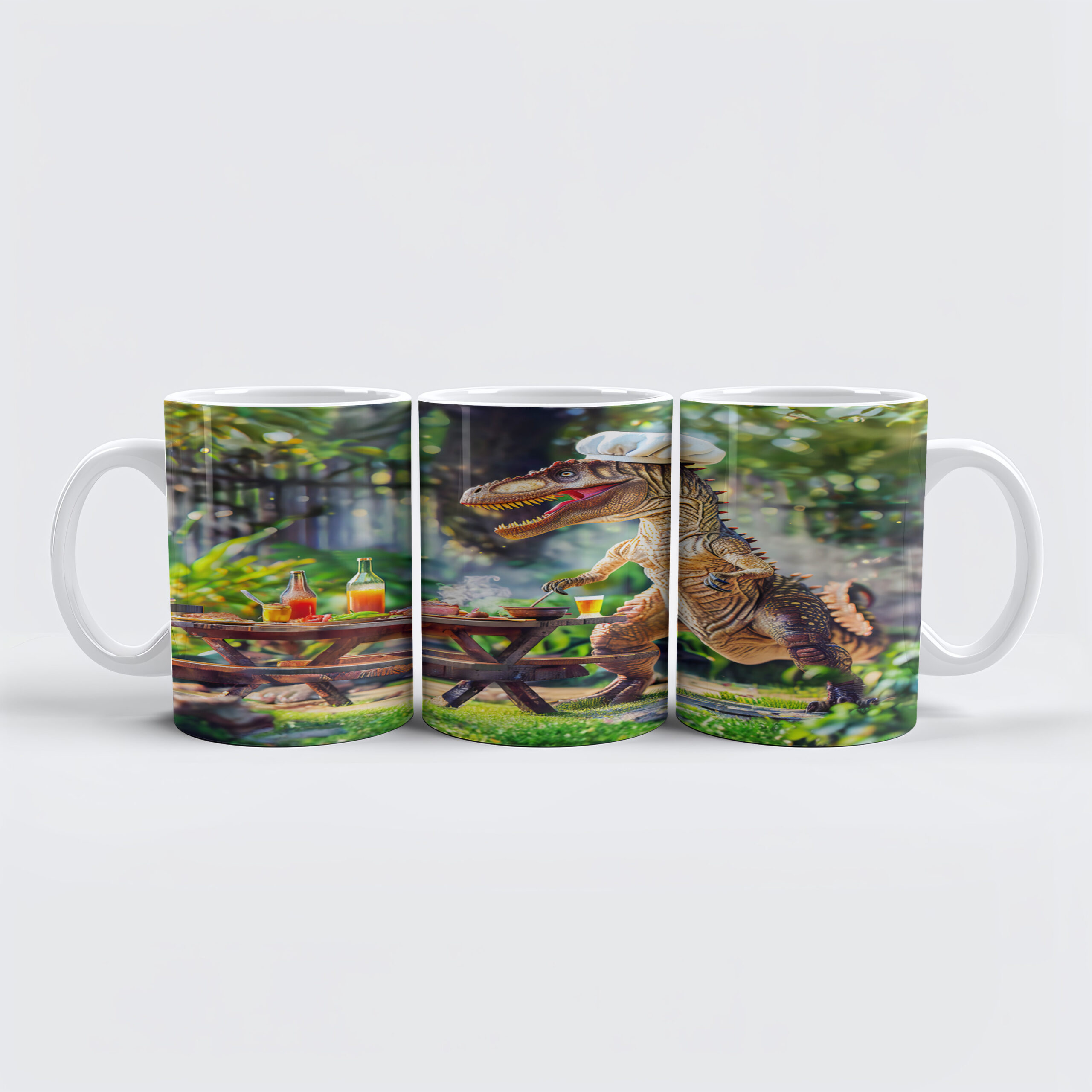 raxxa Premium-Tasse: Dinosaur Chef at a Garden BBQ