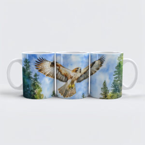 raxxa Premium-Tasse: Buzzard flying over a pine forest watercolor painting
