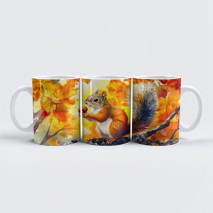 raxxa Premium-Tasse: Squirrel eating a nut in a colorful autumn tree watercolor painting