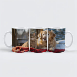 raxxa Premium-Tasse: Cozy Companions- Labrador and Gray Cat Snuggle on Blanket Amidst Snowfall