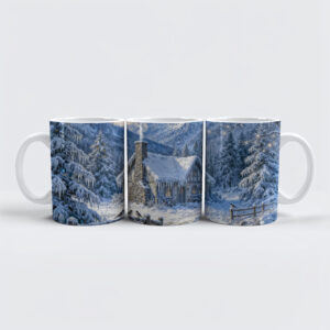 raxxa Premium-Tasse: Snowy Mountain Cottage with Smoke and Pines Painting