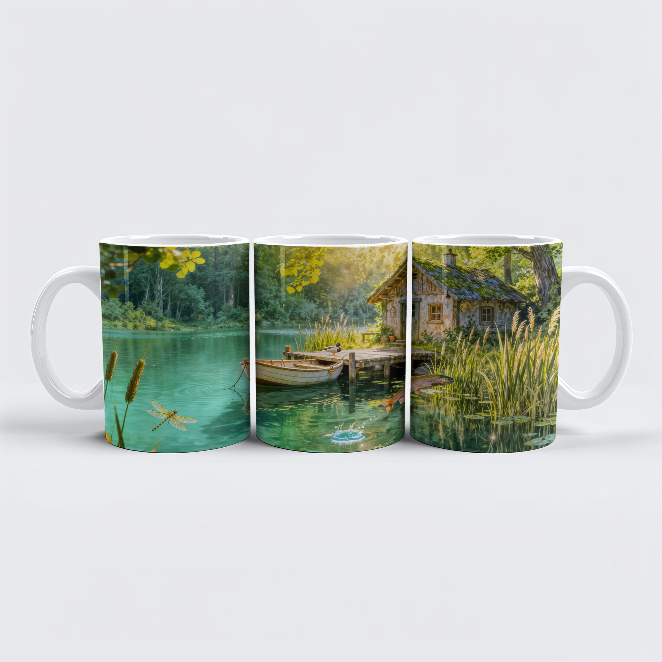 raxxa Premium-Tasse: Forest Stream Cottage with Ducks, piere and Dock Artwork