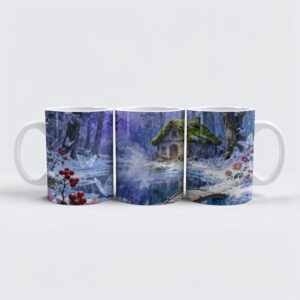 raxxa Premium-Tasse: Snowy Enchanted Forest Cottage with Bridge and Glowing Butterflies – Fantasy Artwork