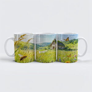 raxxa Premium-Tasse: Mountain Meadow Cottage with Flowers, Gate and Butterflies Artwork