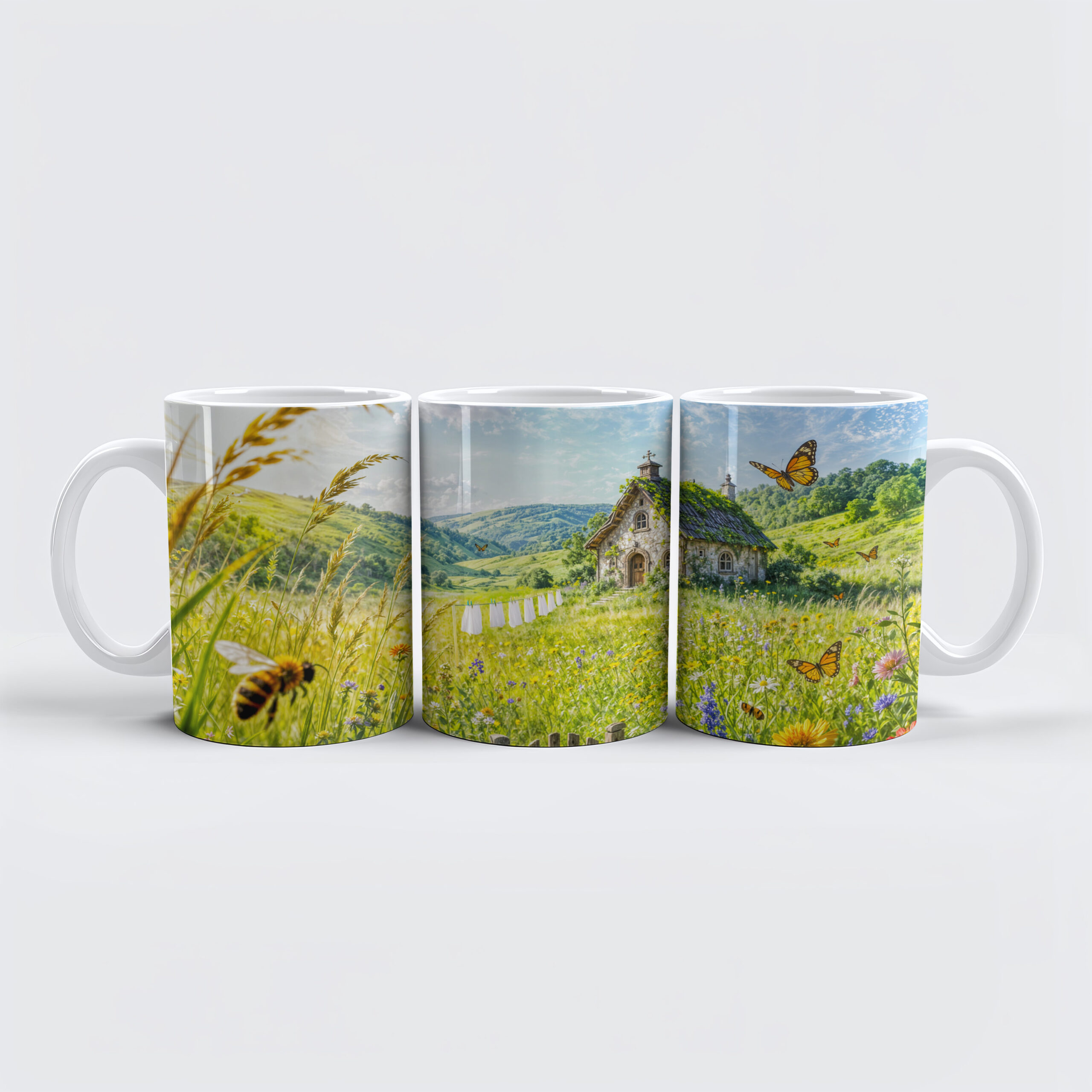 raxxa Premium-Tasse: Mountain Meadow Cottage with Flowers, Gate and Butterflies Artwork