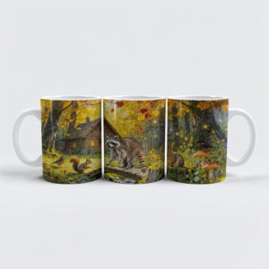 raxxa Premium-Tasse: Autumn Forest Cottage with forest animals and Mushrooms Artwork