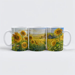 raxxa Premium-Tasse: Sunflower Path Cottage with Cat and Blossoming Meadow Artwork
